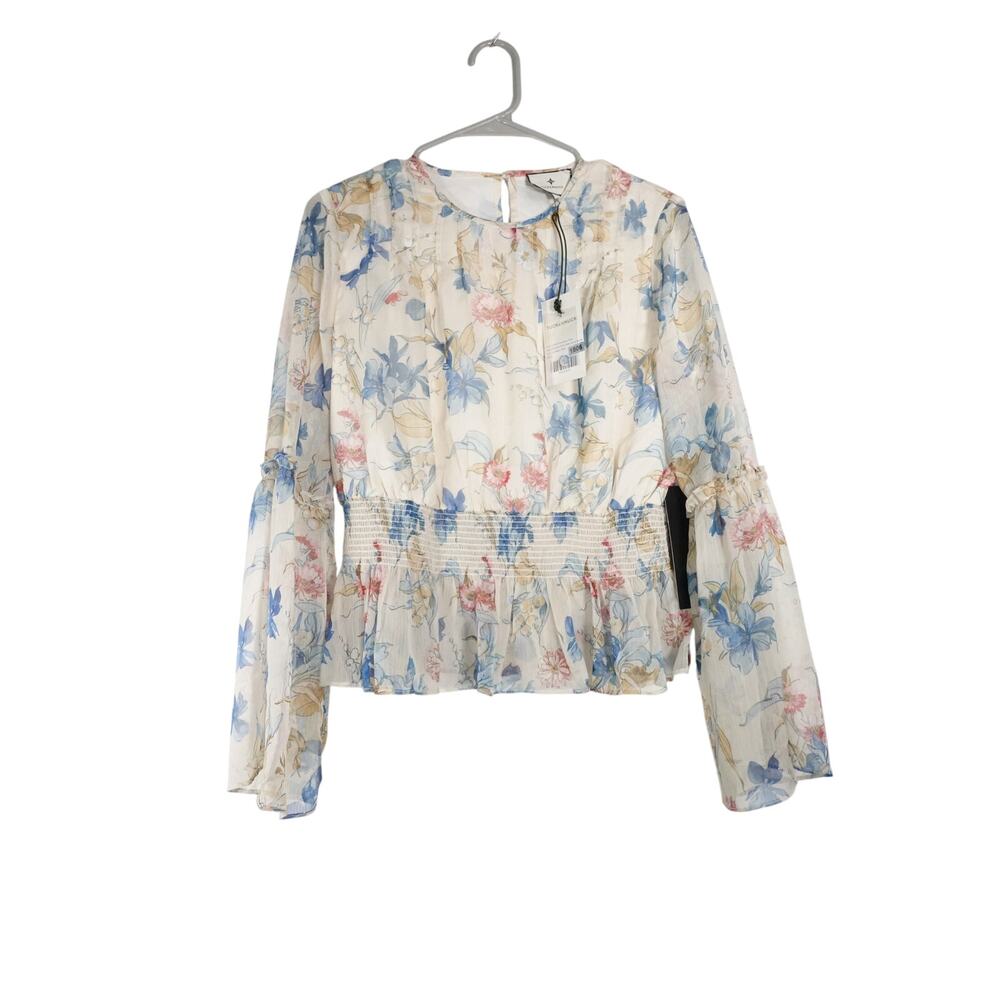 New Hyacinth House Women's Medium Floral Blouse Peplum Hem Long Sleeve 1906-N